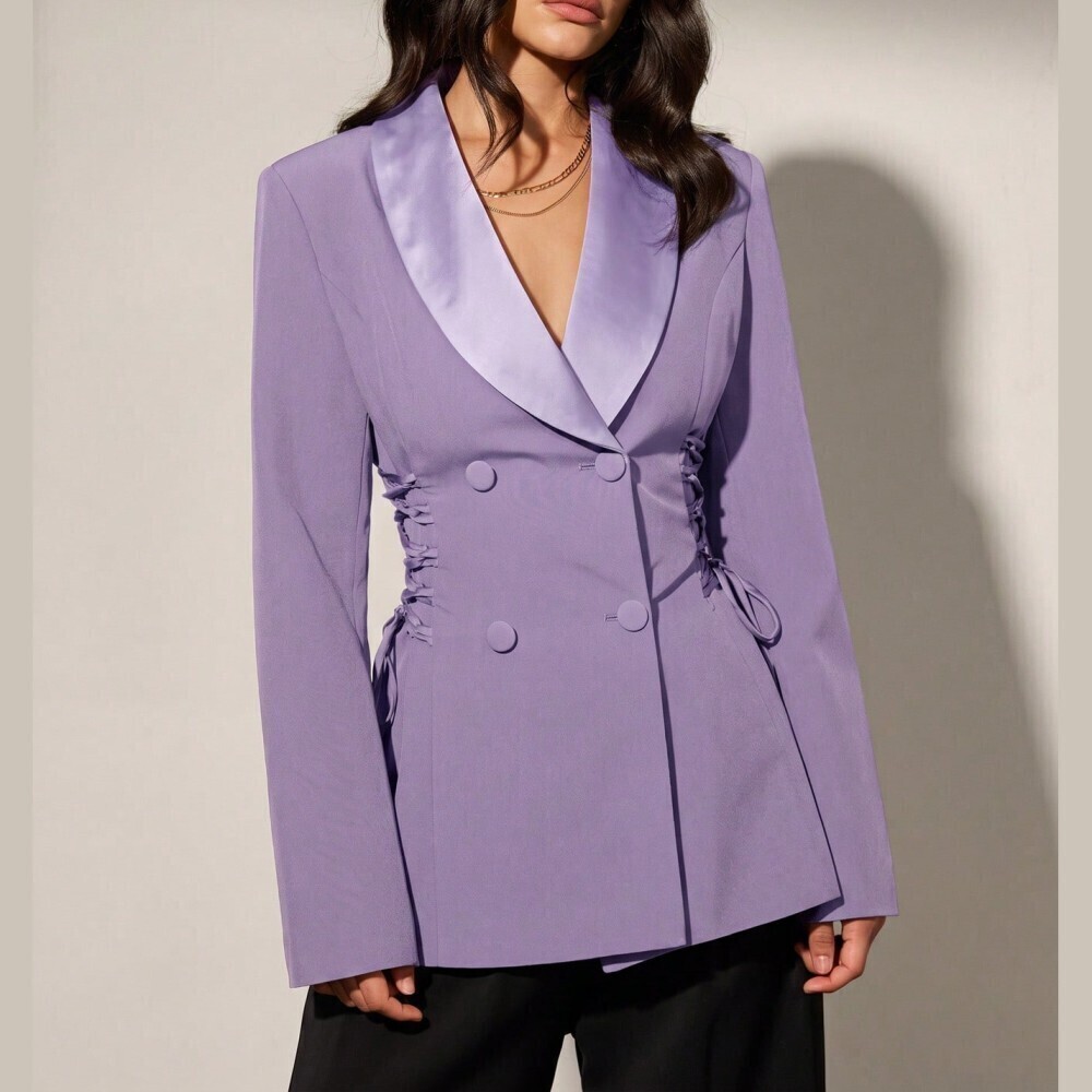 Lavender Satin Shawl Lapel Double Breasted Lace-Up Waist Blazer